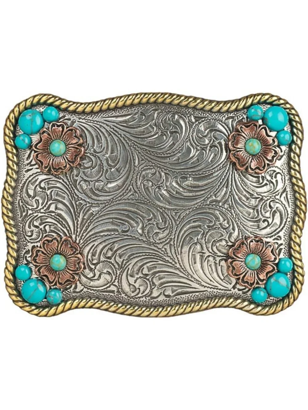 Turquoise Stone Flower Buckle with Scrolling Pattern & Rope Edge - Stylish